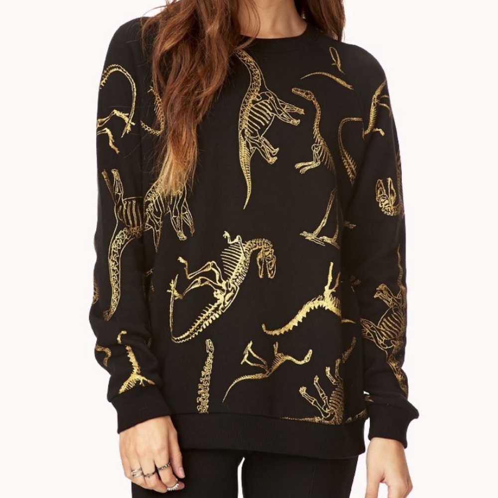 Forever21 Gold Dinosaur Crew Neck Sweatshirt Small